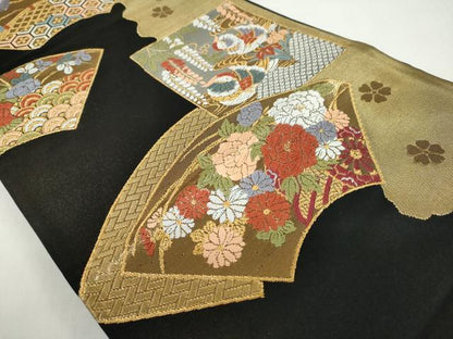 平和屋着物◎六通柄袋帯 地紙重ね花鳥文 黒地 金銀糸 正絹 逸品 DABB0223ud
