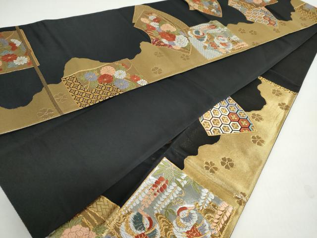平和屋着物◎六通柄袋帯 地紙重ね花鳥文 黒地 金銀糸 正絹 逸品 DABB0223ud