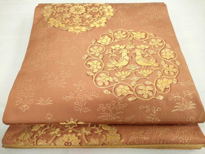 平和屋着物◎六通柄 本袋帯 正倉院花鳥文 金糸 正絹 逸品 未仕立て DABB0254ud