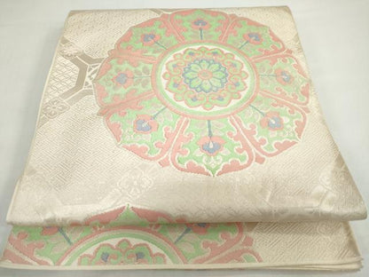 平和屋着物◎六通柄 本袋帯 手織 花絵皿文 正絹 逸品 DABB0270ud