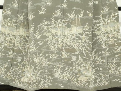 平和屋着物●訪問着 流水風景草花文 金彩 鬼しぼ縮緬 正絹 逸品 DABB0286ud