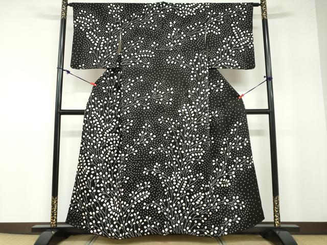 平和屋着物●訪問着 絞り 枝葉文 黒地 正絹 逸品 DABB0287ud