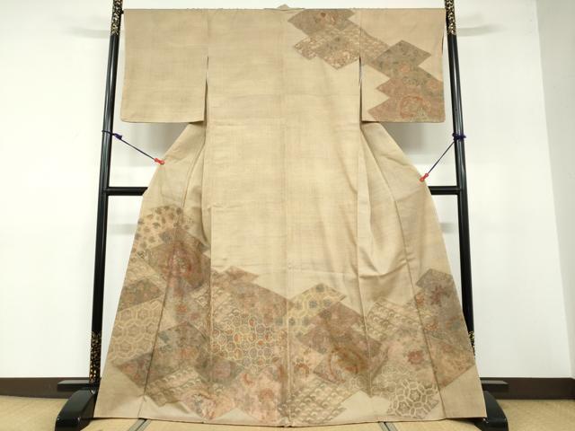 平和屋着物●中国三大刺繍 スワトウ刺繍 汕頭刺繍 総刺繍 訪問着 紬地 松皮菱草花文 正絹 逸品 未使用 DABB0311ud