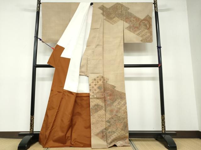 平和屋着物●中国三大刺繍 スワトウ刺繍 汕頭刺繍 総刺繍 訪問着 紬地 松皮菱草花文 正絹 逸品 未使用 DABB0311ud