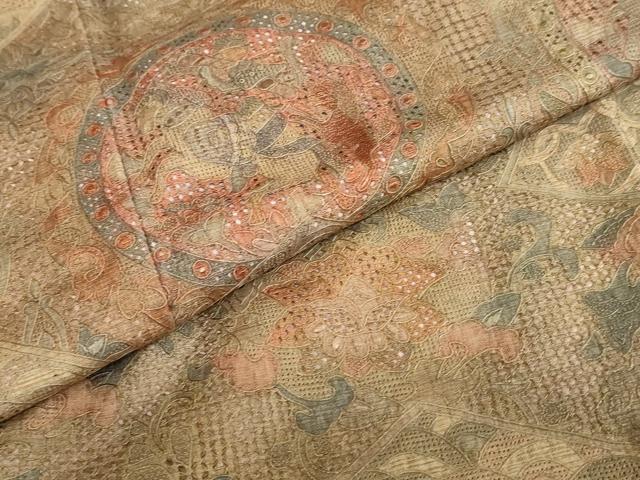 平和屋着物●中国三大刺繍 スワトウ刺繍 汕頭刺繍 総刺繍 訪問着 紬地 松皮菱草花文 正絹 逸品 未使用 DABB0311ud