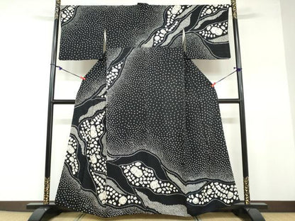 平和屋着物●訪問着 絞り 辻が花 黒地 正絹 逸品 DABB0316ud