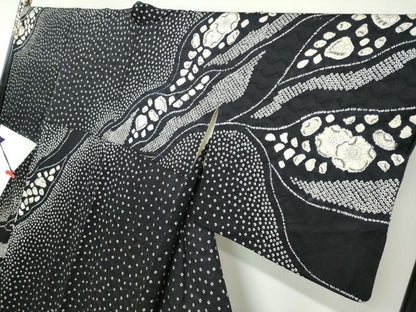 平和屋着物●訪問着 絞り 辻が花 黒地 正絹 逸品 DABB0316ud