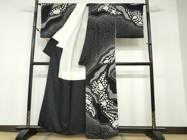 平和屋着物●訪問着 絞り 辻が花 黒地 正絹 逸品 DABB0316ud