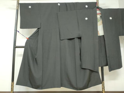 平和屋着物●男性 黒紋付 長羽織セット 羽裏：扇面風景文 正絹 逸品 DABB0324ud