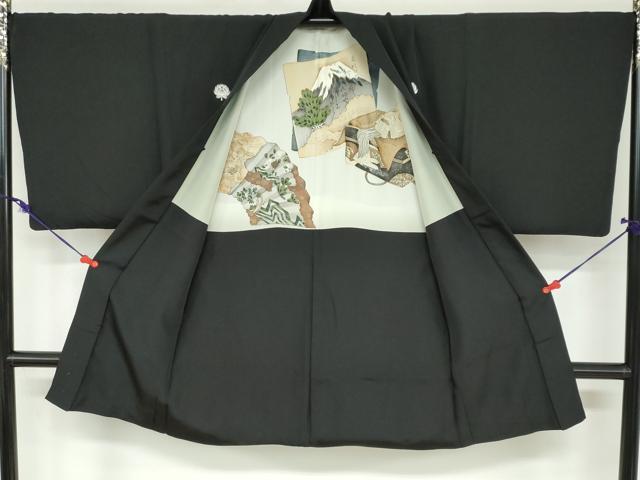 平和屋着物●男性 黒紋付 長羽織セット 羽裏：扇面風景文 正絹 逸品 DABB0324ud