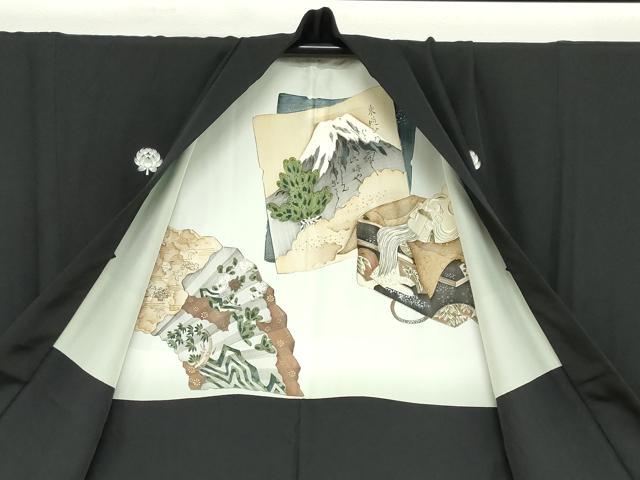 平和屋着物●男性 黒紋付 長羽織セット 羽裏：扇面風景文 正絹 逸品 DABB0324ud