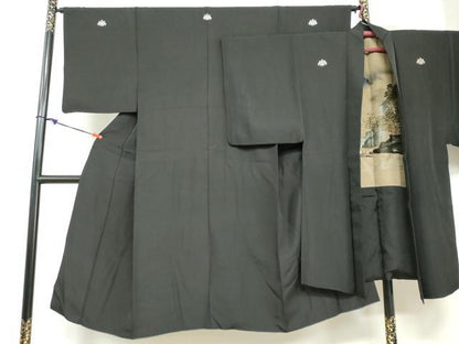 平和屋着物●男性 黒紋付 長羽織セット 羽裏：名所風景文 正絹 逸品 DABB0325ud