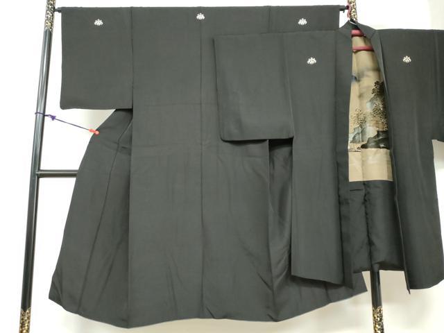 平和屋着物●男性 黒紋付 長羽織セット 羽裏：名所風景文 正絹 逸品 DABB0325ud