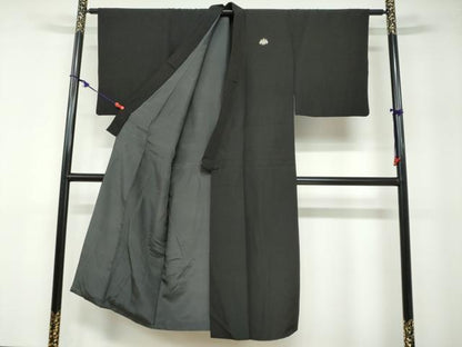 平和屋着物●男性 黒紋付 長羽織セット 羽裏：名所風景文 正絹 逸品 DABB0325ud