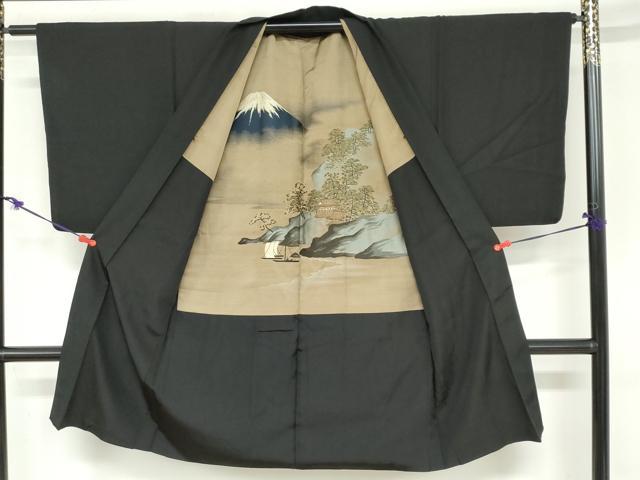 平和屋着物●男性 黒紋付 長羽織セット 羽裏：名所風景文 正絹 逸品 DABB0325ud