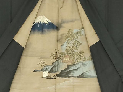 平和屋着物●男性 黒紋付 長羽織セット 羽裏：名所風景文 正絹 逸品 DABB0325ud