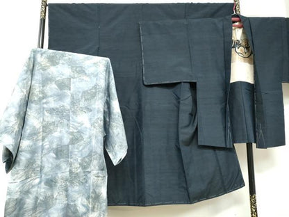 平和屋着物●男性 紬 アンサンブル 長襦袢（無双仕立て）セット 鉄紺色 正絹 逸品 未使用 DABB0326ud
