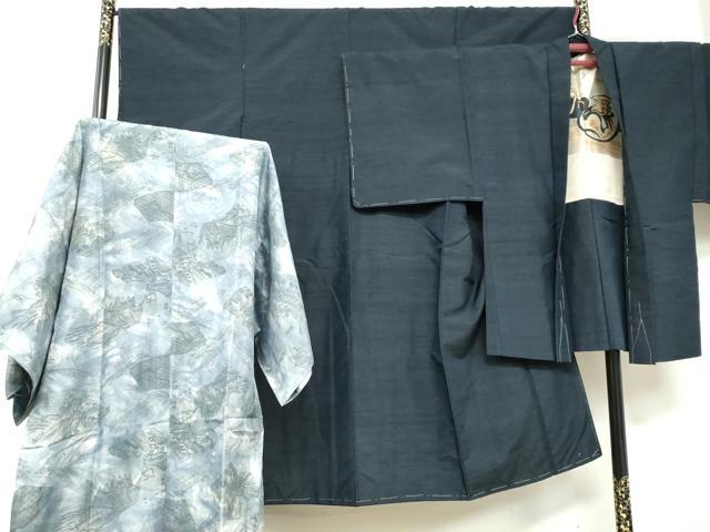 平和屋着物●男性 紬 アンサンブル 長襦袢（無双仕立て）セット 鉄紺色 正絹 逸品 未使用 DABB0326ud