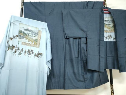 平和屋着物●男性 本場大島紬 アンサンブル 長襦袢（袷）セット 長羽織 100亀甲 総詰め 正絹 逸品 DABB0327ud