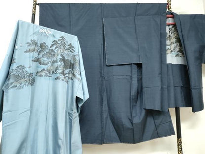 平和屋着物●男性 本場大島紬 アンサンブル 長襦袢（袷）セット 長羽織 抽象文様 正絹 逸品 未使用 DABB0328ud