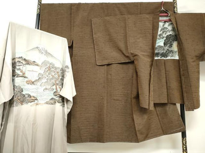 平和屋着物●男性 紬 アンサンブル 長襦袢（無双仕立て）セット 霞文 正絹 逸品 未使用 DABB0329ud