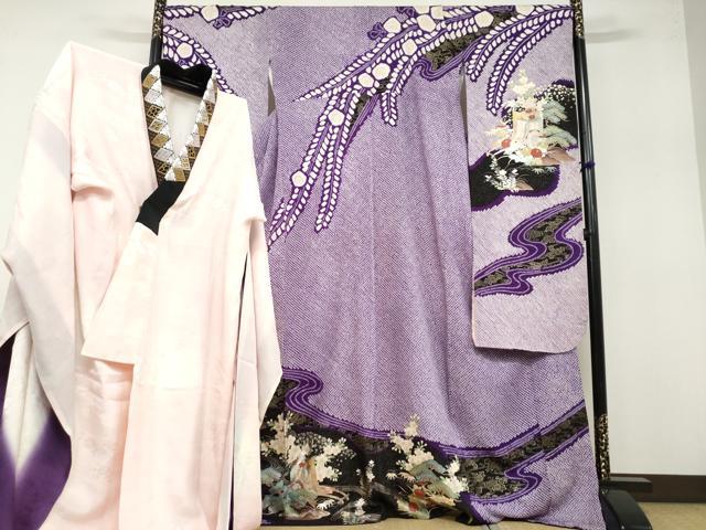 平和屋着物●豪華振袖・長襦袢（袷）セット 駒刺繍 絞り 流水御所車草花文 金銀彩 半衿刺繍 正絹 逸品 DABB0331ud