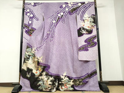 平和屋着物●豪華振袖・長襦袢（袷）セット 駒刺繍 絞り 流水御所車草花文 金銀彩 半衿刺繍 正絹 逸品 DABB0331ud