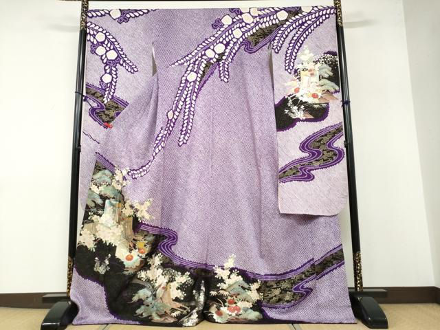平和屋着物●豪華振袖・長襦袢（袷）セット 駒刺繍 絞り 流水御所車草花文 金銀彩 半衿刺繍 正絹 逸品 DABB0331ud