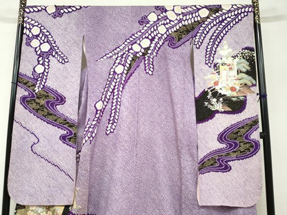 平和屋着物●豪華振袖・長襦袢（袷）セット 駒刺繍 絞り 流水御所車草花文 金銀彩 半衿刺繍 正絹 逸品 DABB0331ud