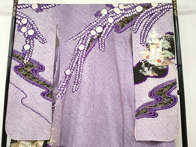平和屋着物●豪華振袖・長襦袢（袷）セット 駒刺繍 絞り 流水御所車草花文 金銀彩 半衿刺繍 正絹 逸品 DABB0331ud