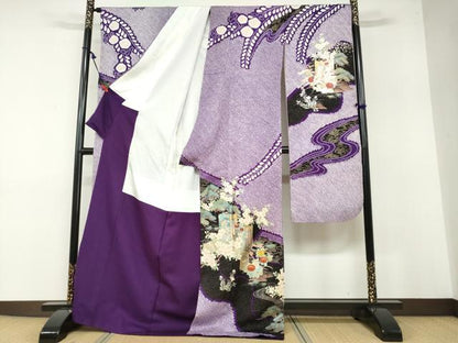 平和屋着物●豪華振袖・長襦袢（袷）セット 駒刺繍 絞り 流水御所車草花文 金銀彩 半衿刺繍 正絹 逸品 DABB0331ud