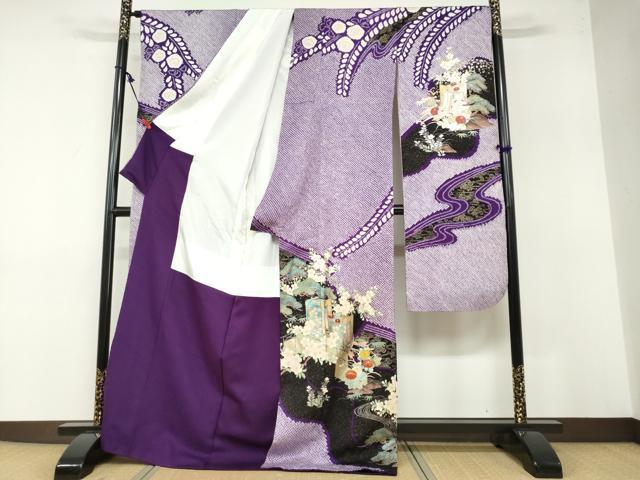 平和屋着物●豪華振袖・長襦袢（袷）セット 駒刺繍 絞り 流水御所車草花文 金銀彩 半衿刺繍 正絹 逸品 DABB0331ud