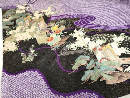 平和屋着物●豪華振袖・長襦袢（袷）セット 駒刺繍 絞り 流水御所車草花文 金銀彩 半衿刺繍 正絹 逸品 DABB0331ud