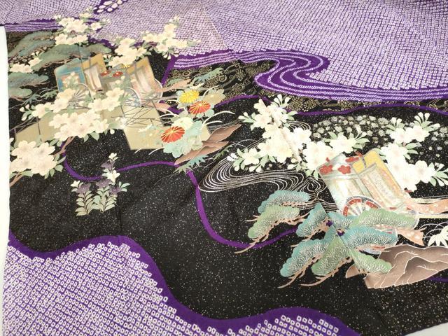 平和屋着物●豪華振袖・長襦袢（袷）セット 駒刺繍 絞り 流水御所車草花文 金銀彩 半衿刺繍 正絹 逸品 DABB0331ud