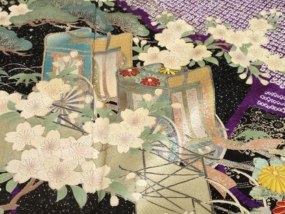 平和屋着物●豪華振袖・長襦袢（袷）セット 駒刺繍 絞り 流水御所車草花文 金銀彩 半衿刺繍 正絹 逸品 DABB0331ud