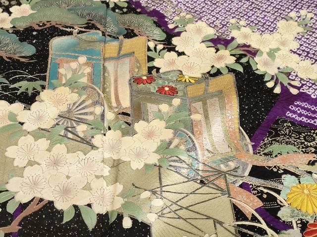 平和屋着物●豪華振袖・長襦袢（袷）セット 駒刺繍 絞り 流水御所車草花文 金銀彩 半衿刺繍 正絹 逸品 DABB0331ud