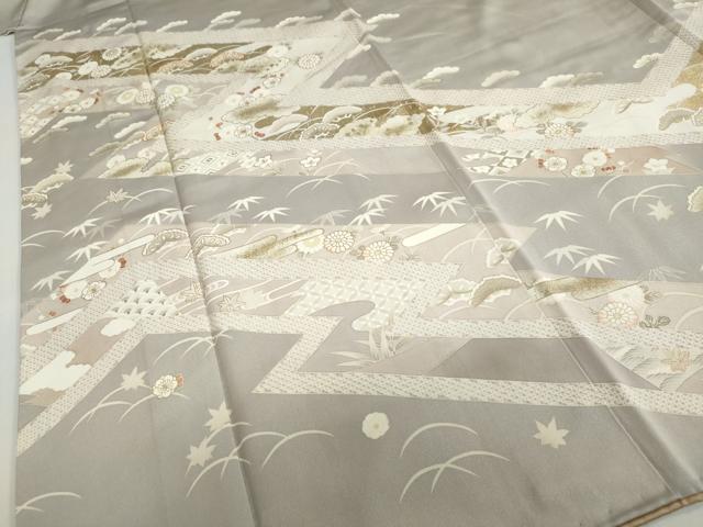 平和屋着物●訪問着 駒刺繍 草花文 金彩 背抜き仕立て 正絹 逸品 DABB0342ud