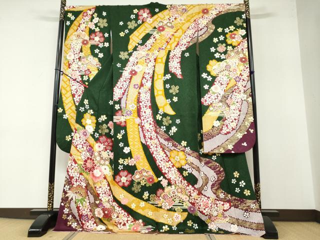平和屋着物●豪華振袖 刺繍 熨斗手毬草花文 金彩 銀通し地 正絹 逸品 DABB0353ud
