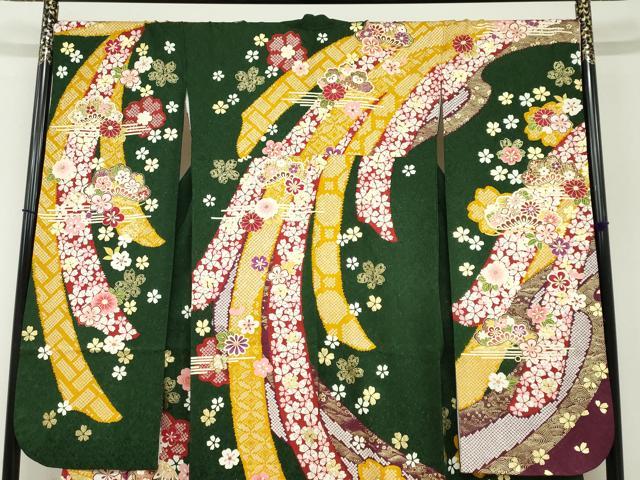 平和屋着物●豪華振袖 刺繍 熨斗手毬草花文 金彩 銀通し地 正絹 逸品 DABB0353ud