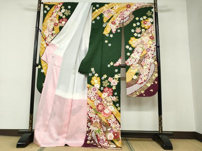 平和屋着物●豪華振袖 刺繍 熨斗手毬草花文 金彩 銀通し地 正絹 逸品 DABB0353ud