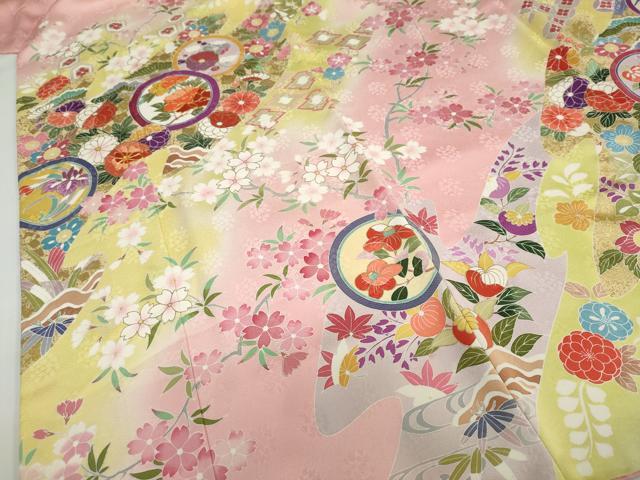 平和屋着物●豪華振袖　駒刺繍　吉祥草花丸文　暈し染め　金彩　正絹　逸品　DABB0354ud