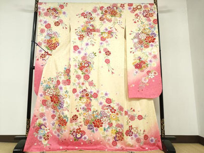 平和屋着物●豪華振袖 雪輪手毬草花文 暈し染め 金彩 正絹 逸品 DABB0358ud