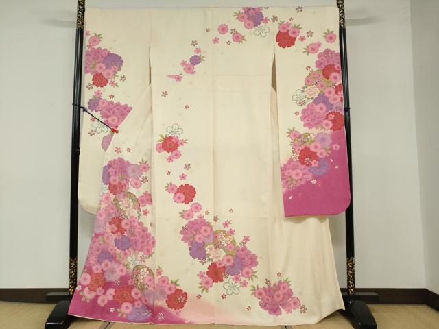 平和屋着物●豪華振袖 駒刺繍 雪輪草花文 暈し染め 金彩 正絹 逸品 DABB0362ud