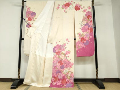 平和屋着物●豪華振袖 駒刺繍 雪輪草花文 暈し染め 金彩 正絹 逸品 DABB0362ud