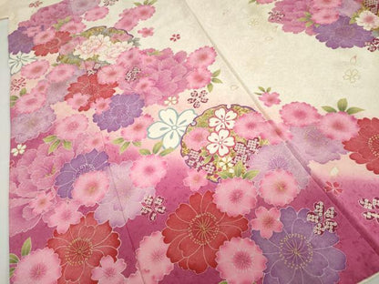 平和屋着物●豪華振袖 駒刺繍 雪輪草花文 暈し染め 金彩 正絹 逸品 DABB0362ud