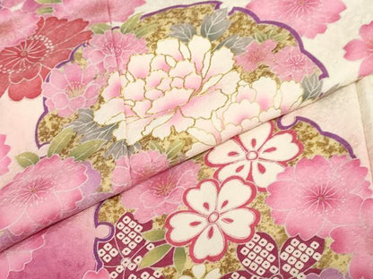 平和屋着物●豪華振袖 駒刺繍 雪輪草花文 暈し染め 金彩 正絹 逸品 DABB0362ud
