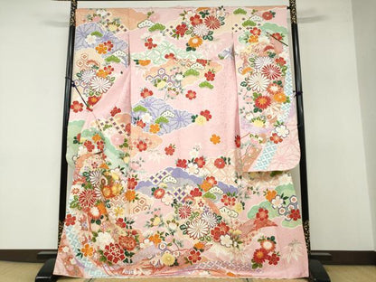 平和屋着物●豪華振袖 駒刺繍 扇面草花丸文 銀通し地 正絹 逸品 DABB0363ud
