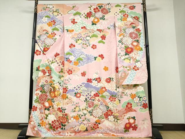 平和屋着物●豪華振袖 駒刺繍 扇面草花丸文 銀通し地 正絹 逸品 DABB0363ud