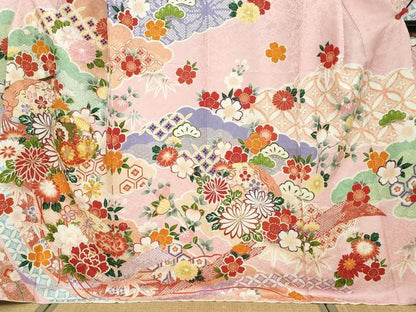 平和屋着物●豪華振袖 駒刺繍 扇面草花丸文 銀通し地 正絹 逸品 DABB0363ud