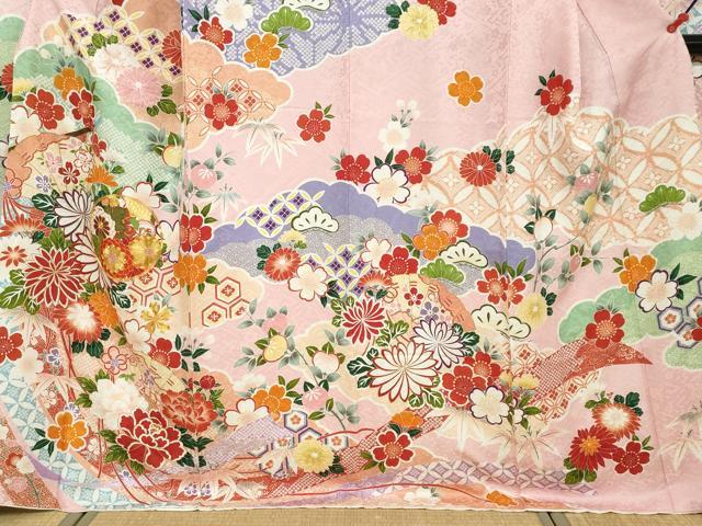 平和屋着物●豪華振袖 駒刺繍 扇面草花丸文 銀通し地 正絹 逸品 DABB0363ud
